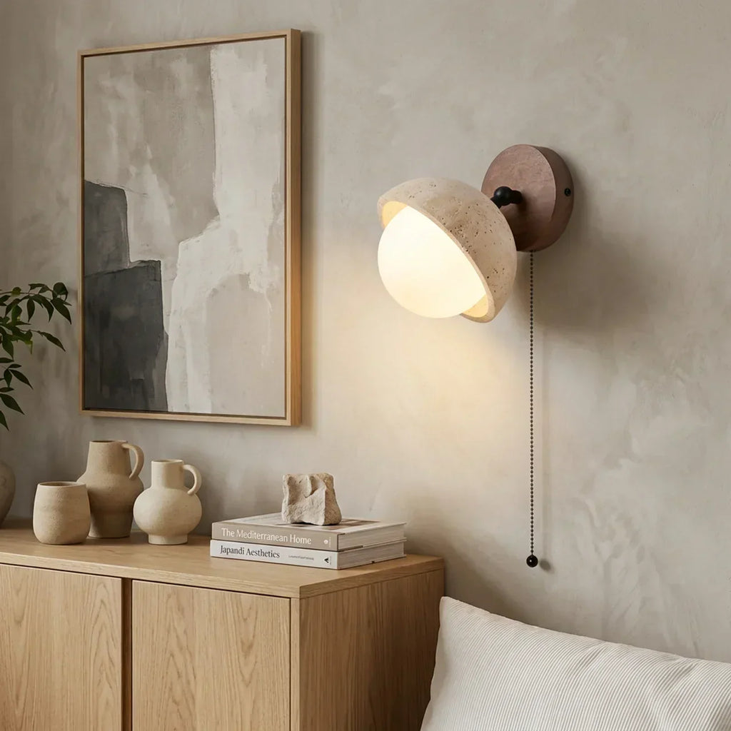 Travertine And Wood Indoor Wall Light Single Wall Mount For Ambient Lighting | Temsk