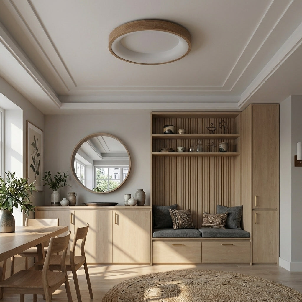 Round Flush Mount Ceiling Light With Natural Wood and LED | Temsk