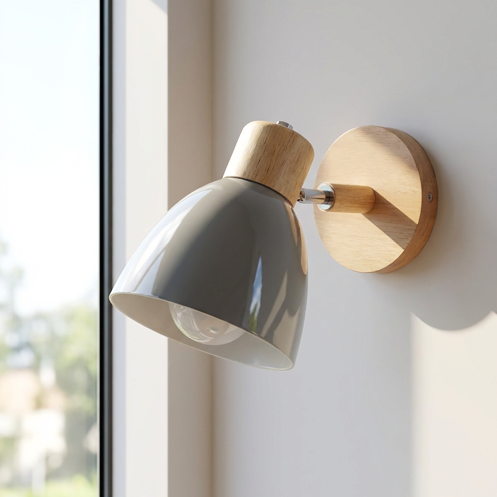 Wall Sconce Light With Adjustable Shade, Metal Shade And Wood Mounting Base | Temsk