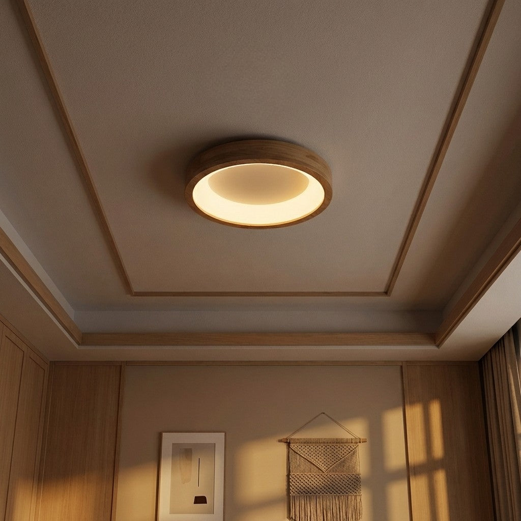 Round Flush Mount Ceiling Light With Natural Wood and LED | Temsk