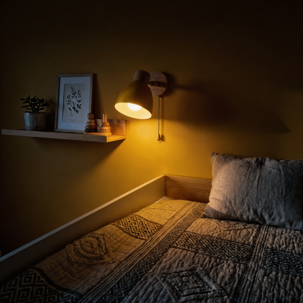 Wall Sconce Light With Adjustable Shade, Metal Shade And Wood Mounting Base | Temsk
