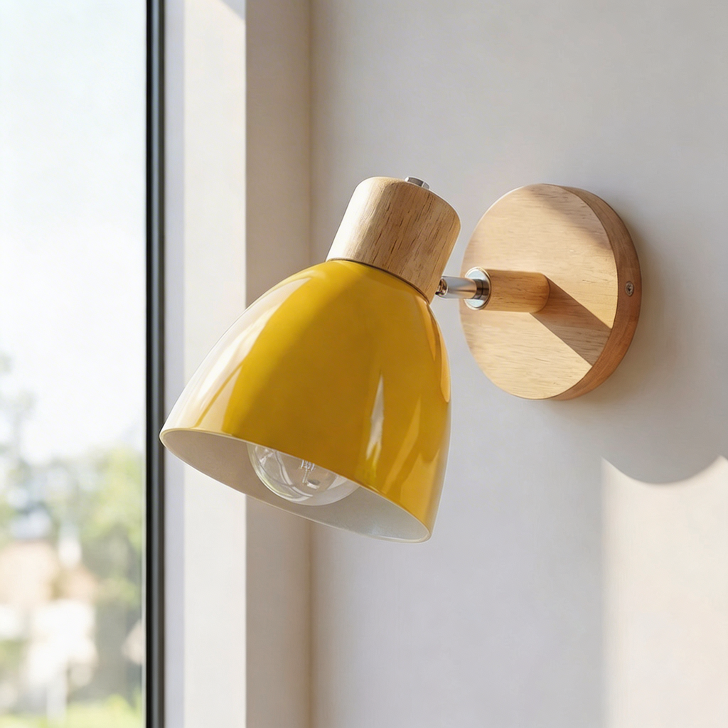 Wall Sconce Light With Adjustable Shade, Metal Shade And Wood Mounting Base | Temsk