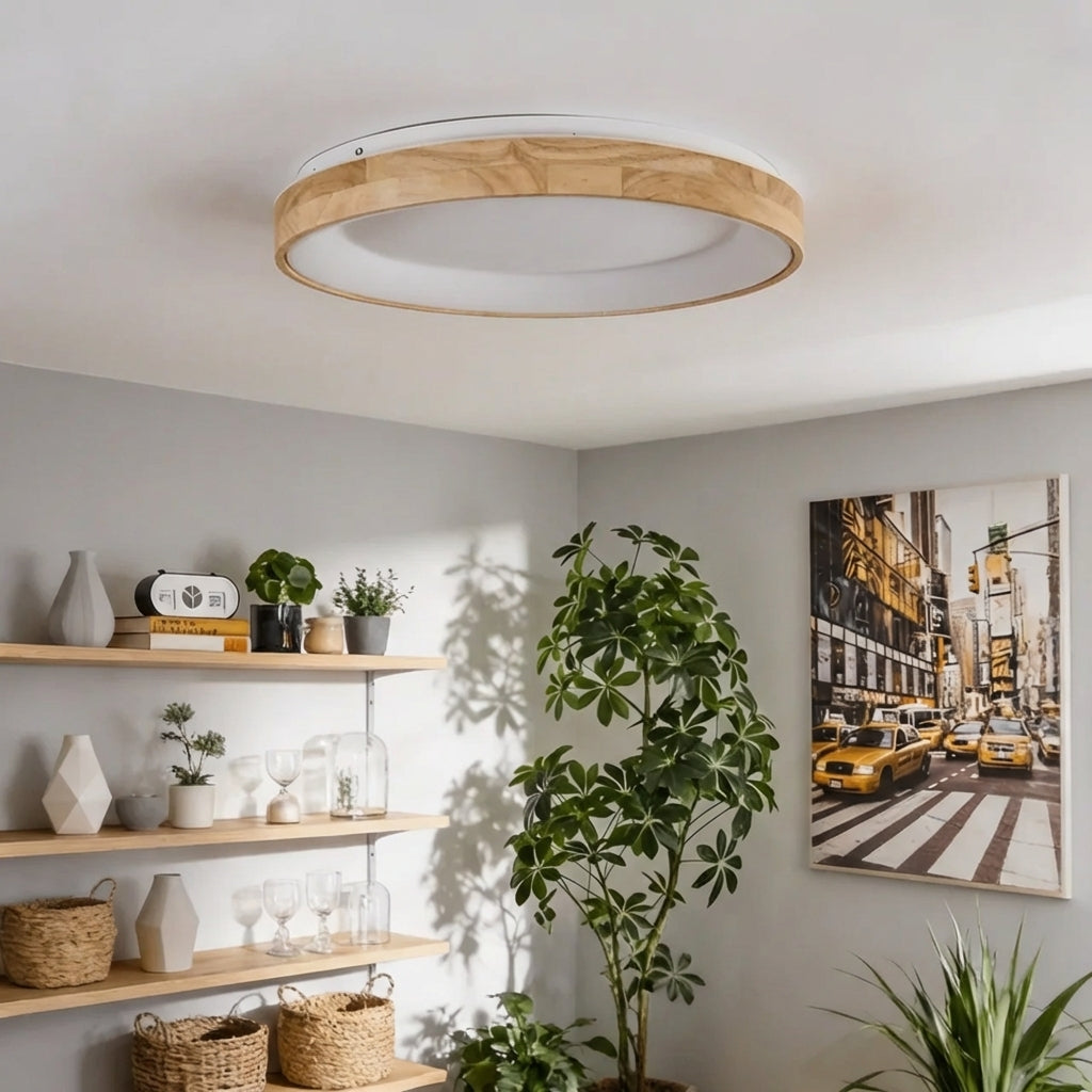 Round Flush Mount Ceiling Light With Natural Wood and LED | Temsk
