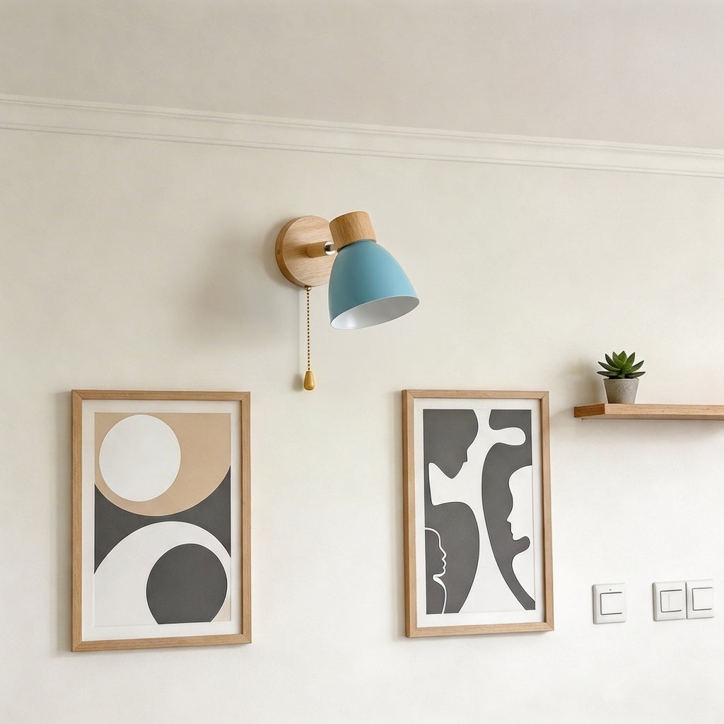 Wall Sconce Light With Adjustable Shade, Metal Shade And Wood Mounting Base | Temsk