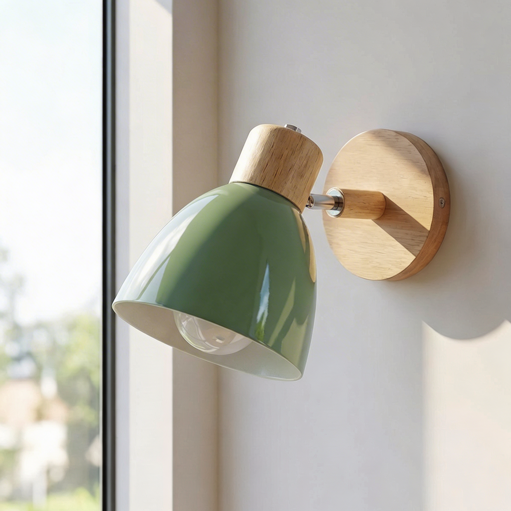 Wall Sconce Light With Adjustable Shade, Metal Shade And Wood Mounting Base | Temsk