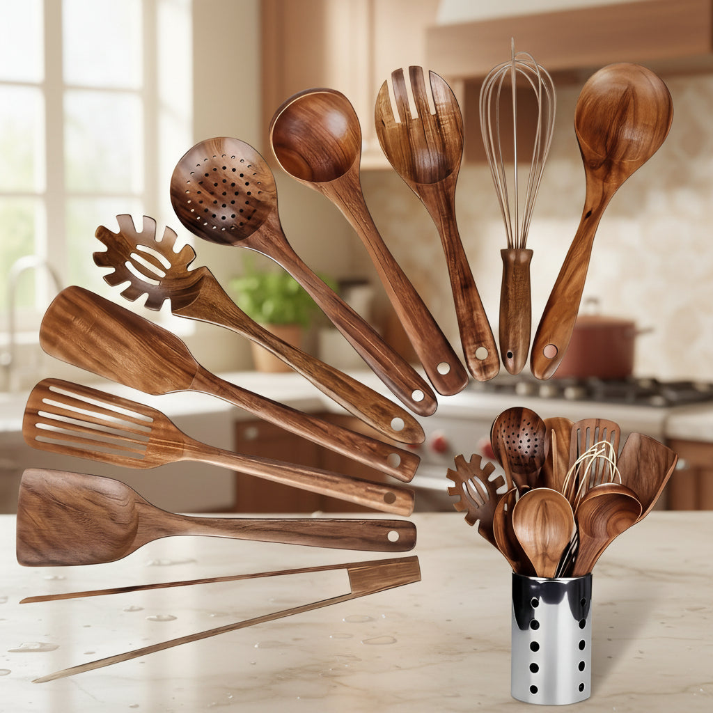 Natural Wood Kitchen Utensil Set With Spoons And Spatulas | Temsk