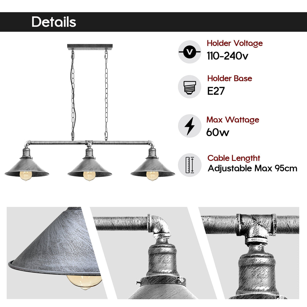 Industriální černá kovová stropní lampa, 3x E27 vintage styl pro jídelnu a kuchyň | Temsk