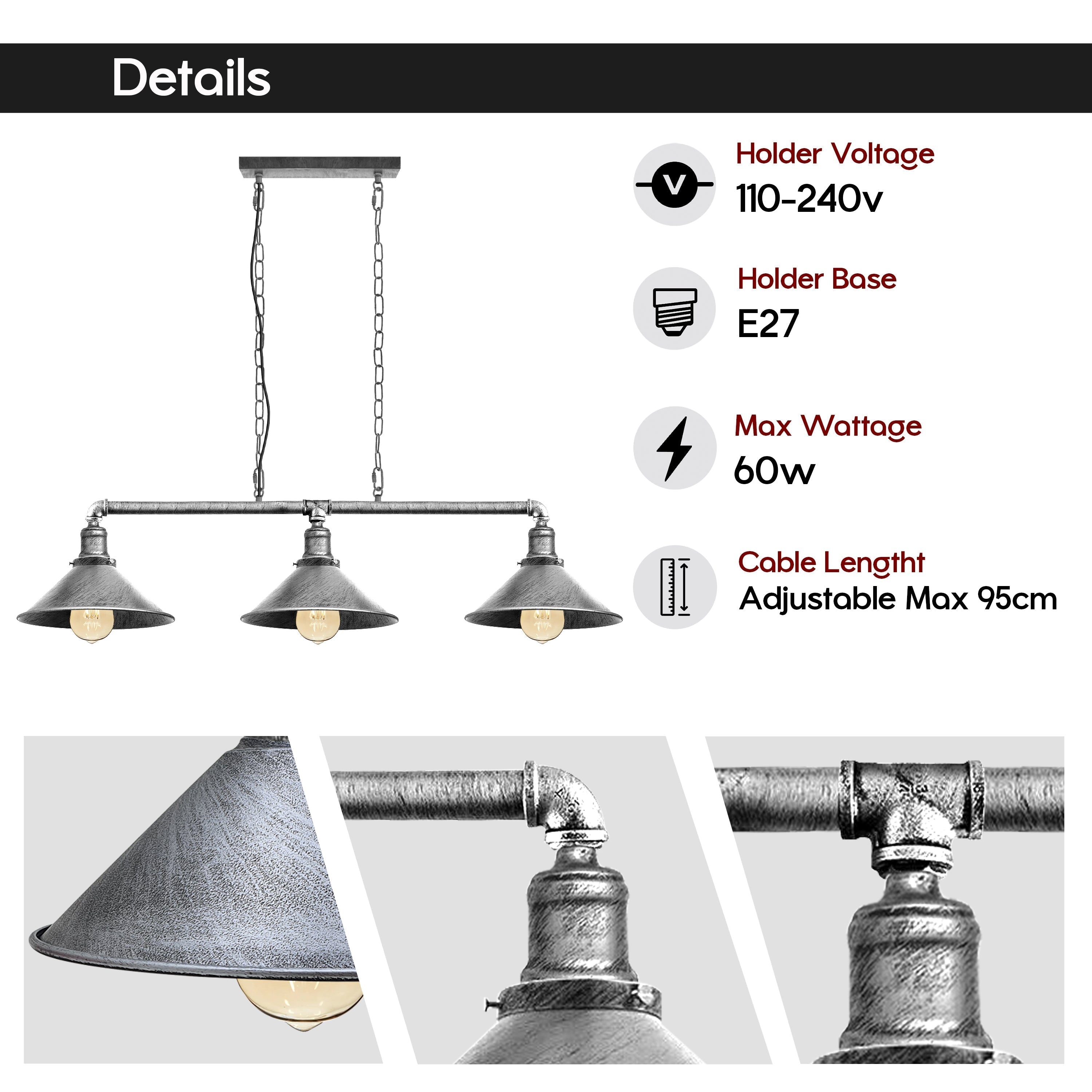 Industriální černá kovová stropní lampa, 3x E27 vintage styl pro jídelnu a kuchyň | Temsk