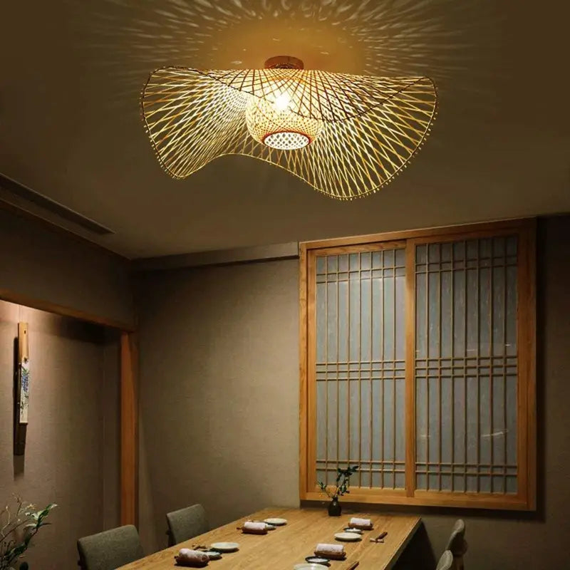 Beige Rattan Ceiling Light With Bamboo Accents, 45cm, E27 Warm Light | Temsk
