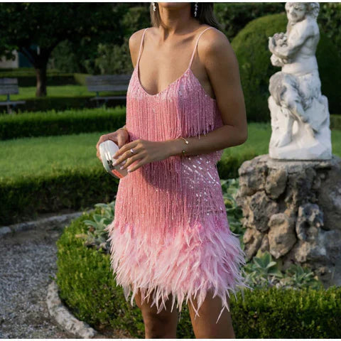 Nova Sequin Feather Fringe Dress For Glamorous Party Nights | Temsk