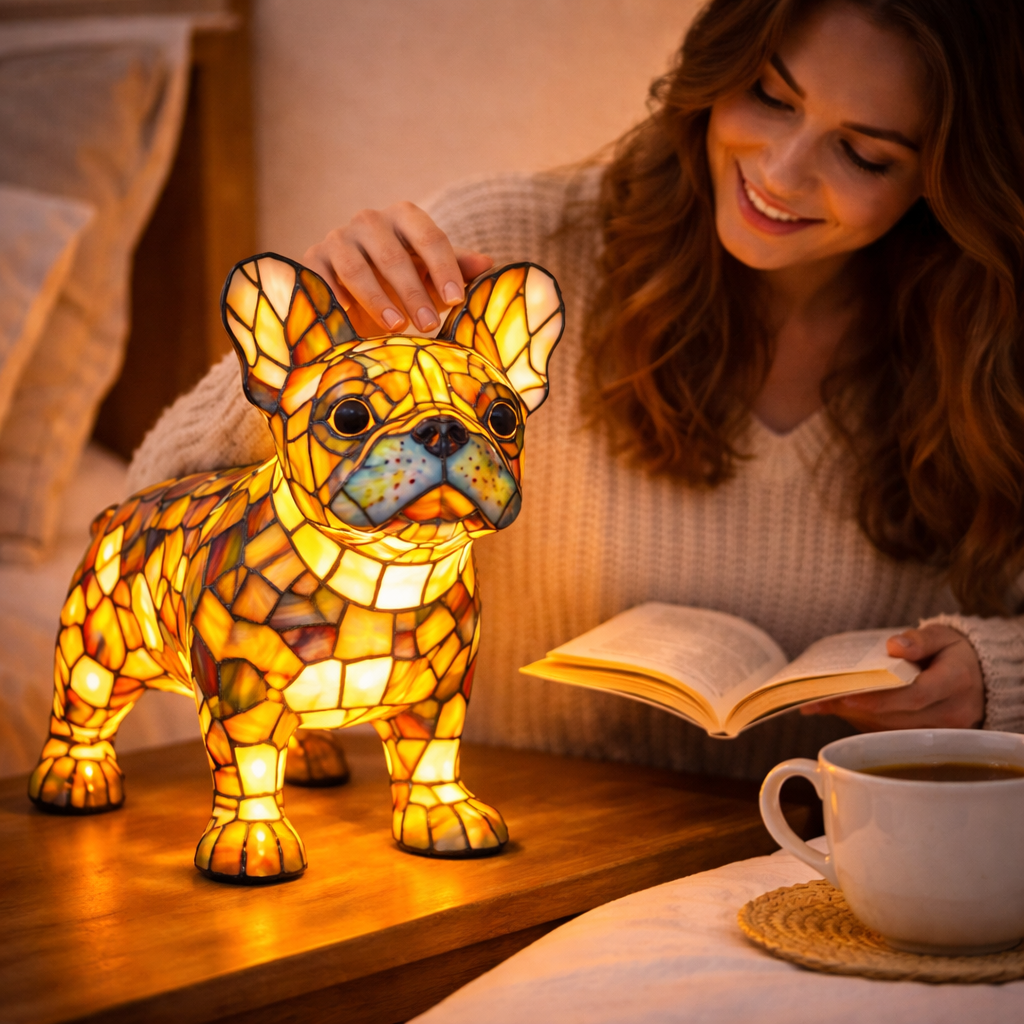 Stained Glass Table Lamp With Dog Design And LED Night Light For Bedroom | Temsk