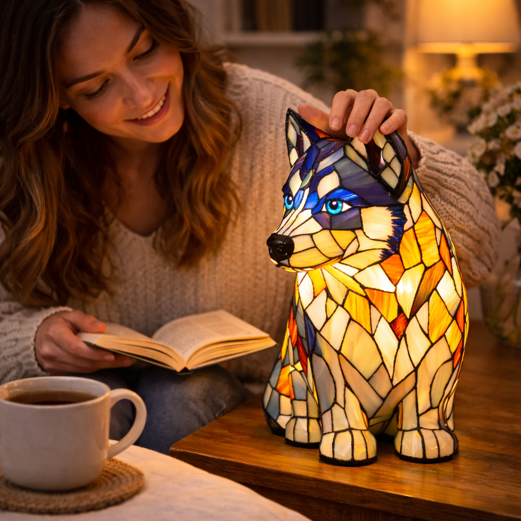 Stained Glass Table Lamp With Dog Design And LED Night Light For Bedroom | Temsk