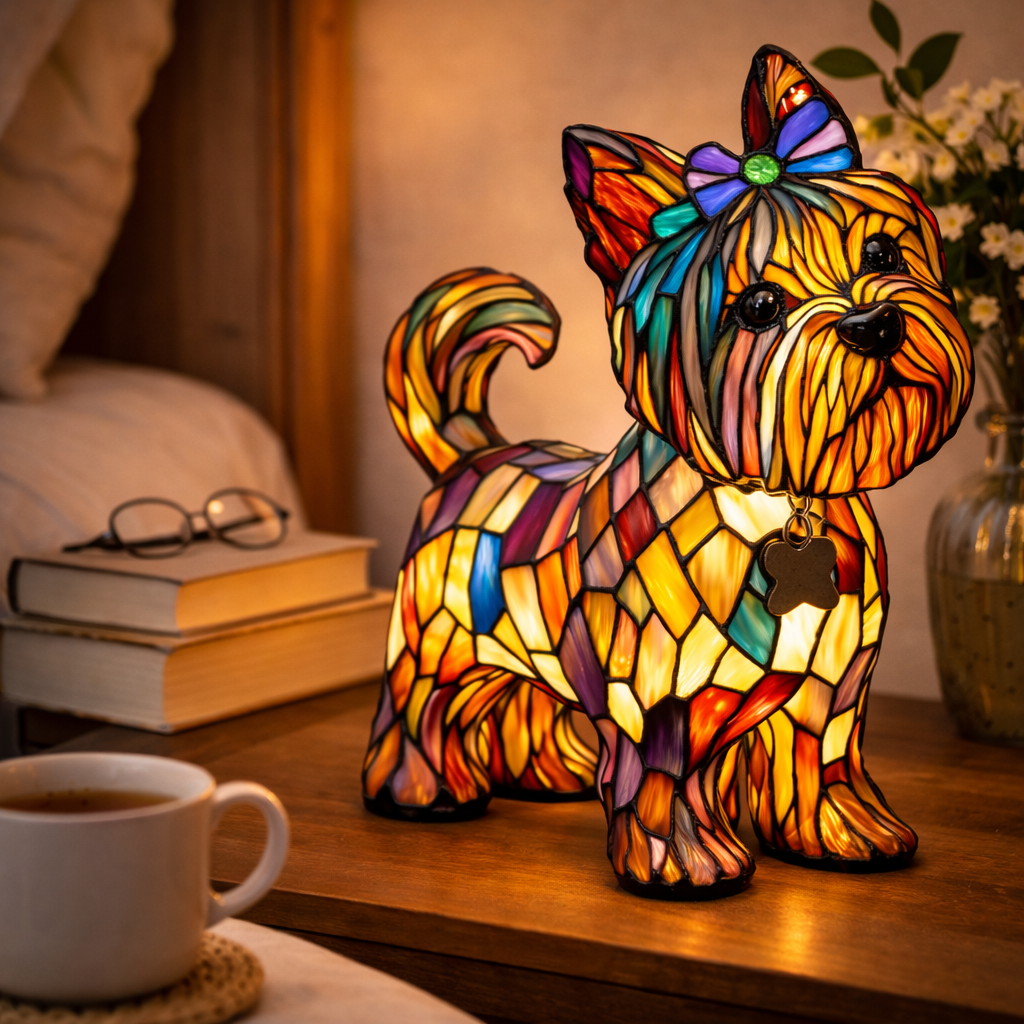 Lampe chien style vitrail avec lumière LED de nuit pour chambre et bureau | Temsk