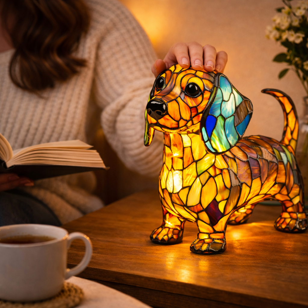 Stained Glass Table Lamp With Dog Design And LED Night Light For Bedroom | Temsk