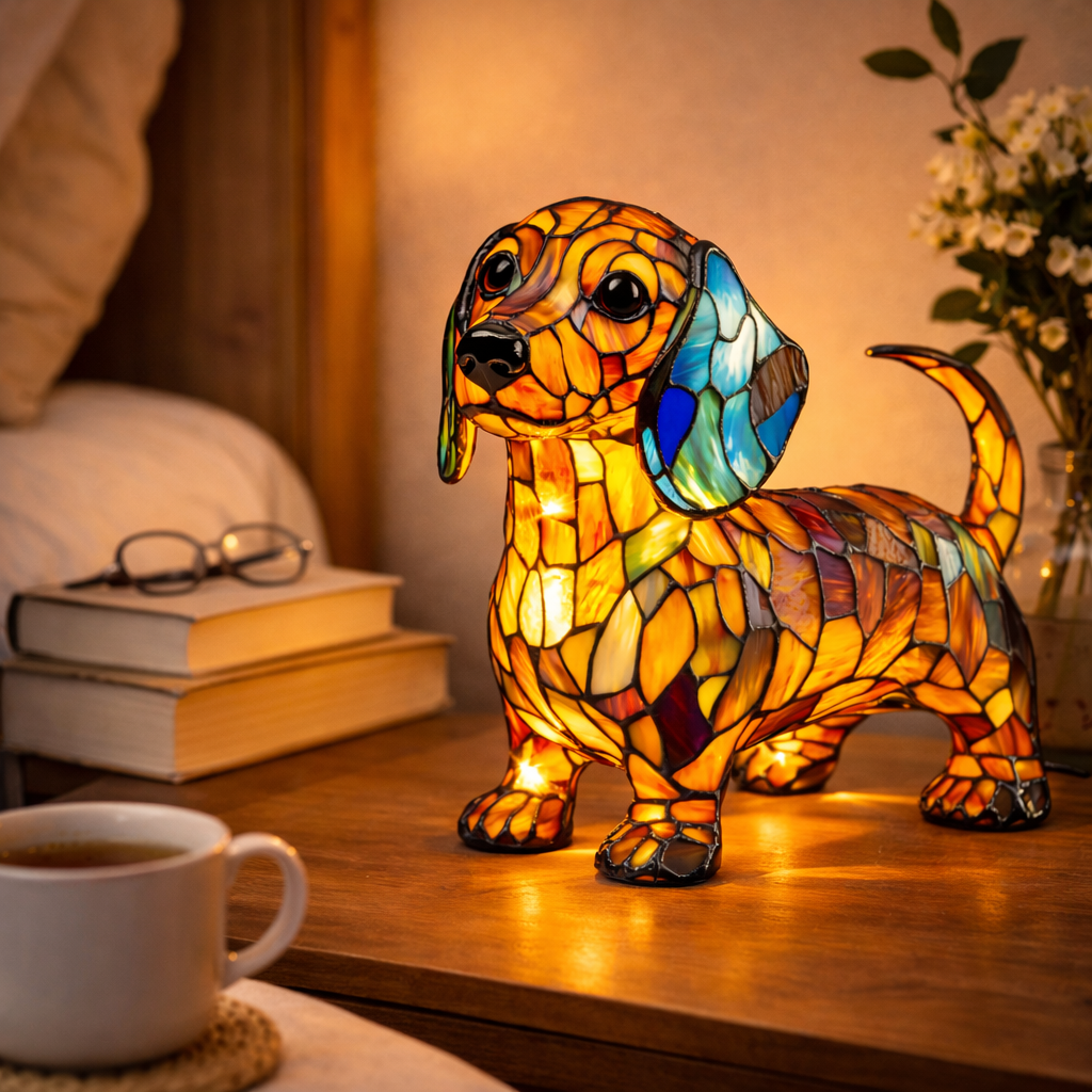 Stained Glass Table Lamp With Dog Design And LED Night Light For Bedroom | Temsk