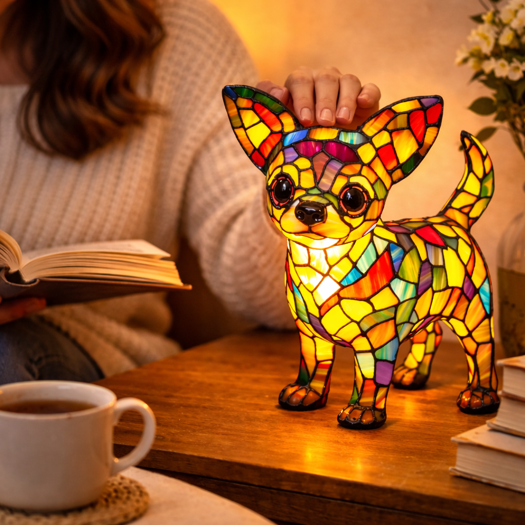 Stained Glass Table Lamp With Dog Design And LED Night Light For Bedroom | Temsk