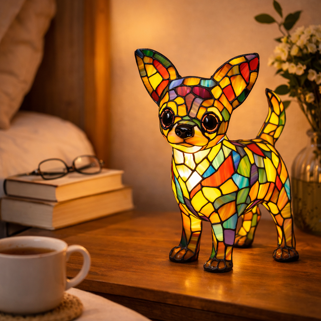 Lampe chien style vitrail avec lumière LED de nuit pour chambre et bureau | Temsk