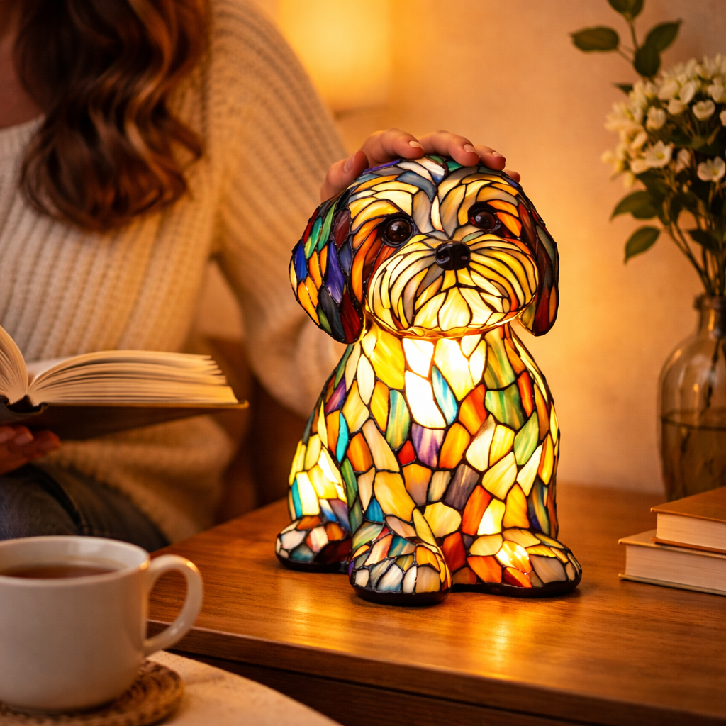 Stained Glass Table Lamp With Dog Design And LED Night Light For Bedroom | Temsk