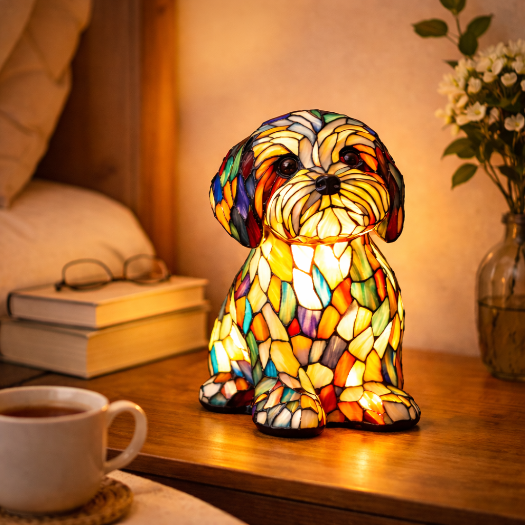 Stained Glass Table Lamp With Dog Design And LED Night Light For Bedroom | Temsk
