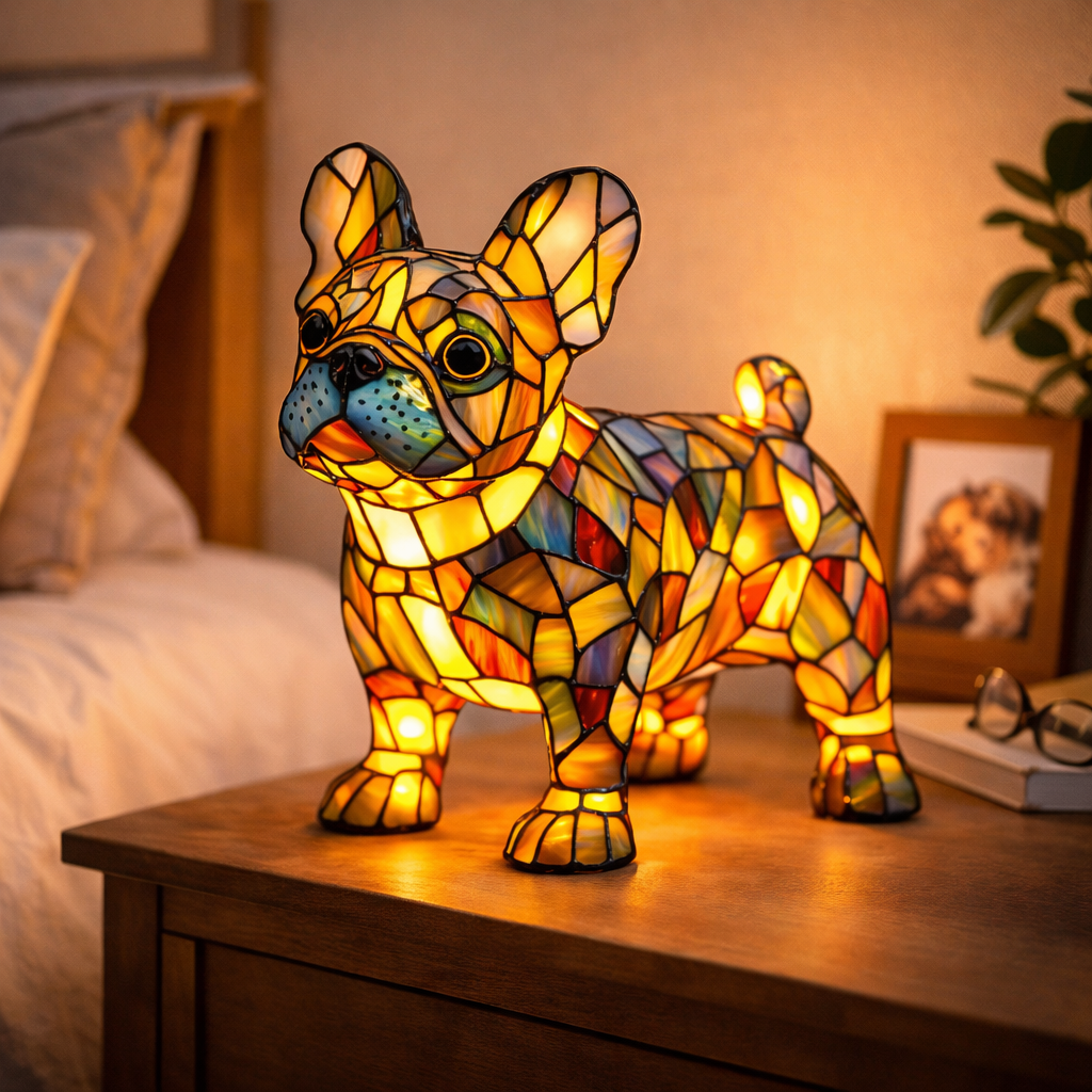 Stained Glass Table Lamp With Dog Design And LED Night Light For Bedroom | Temsk