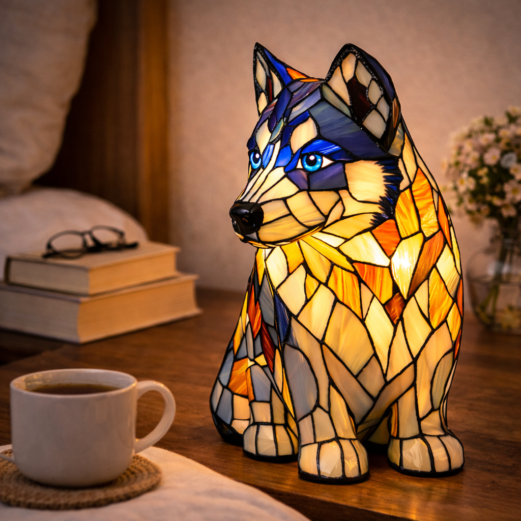 Lampe chien style vitrail avec lumière LED de nuit pour chambre et bureau | Temsk