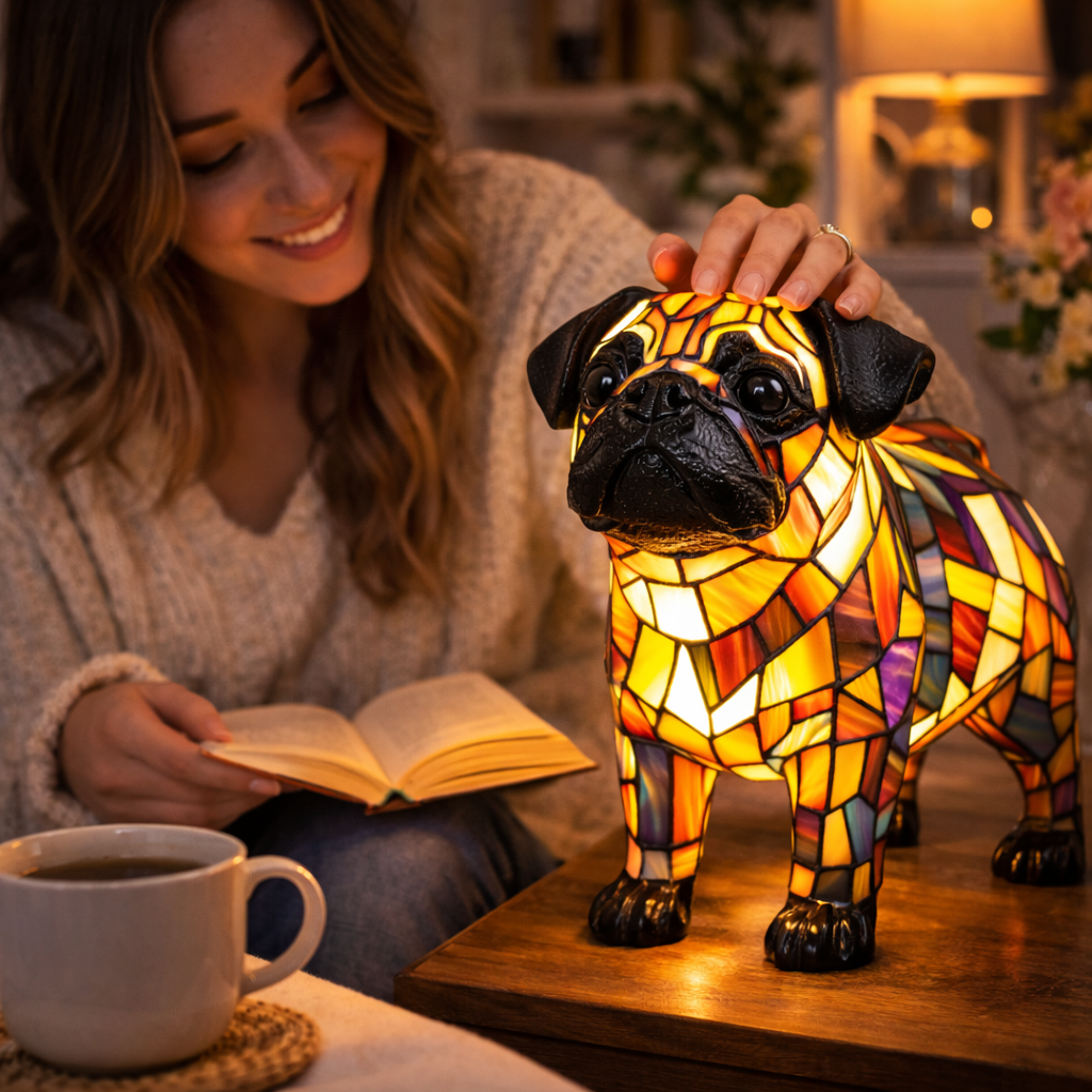 Stained Glass Table Lamp With Dog Design And LED Night Light For Bedroom | Temsk
