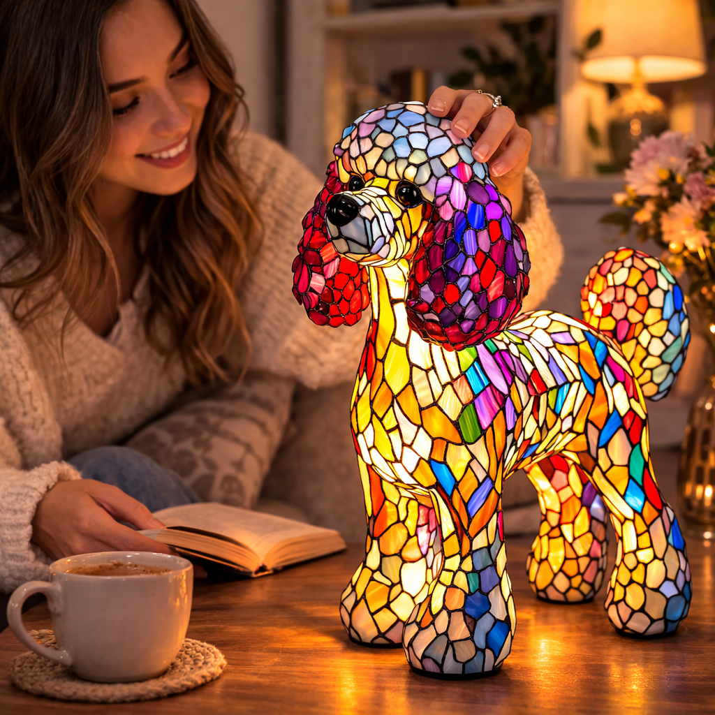 Stained Glass Table Lamp With Dog Design And LED Night Light For Bedroom | Temsk