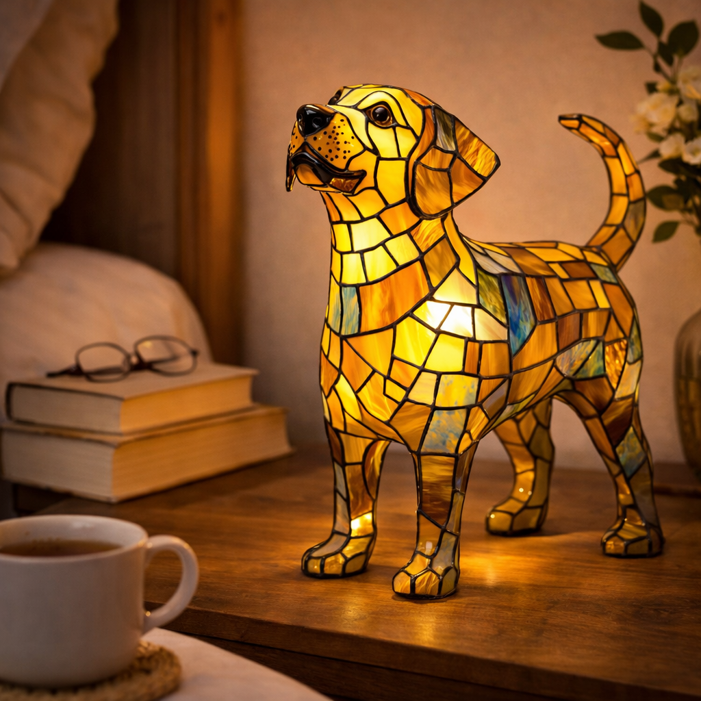 Stained Glass Table Lamp With Dog Design And LED Night Light For Bedroom | Temsk