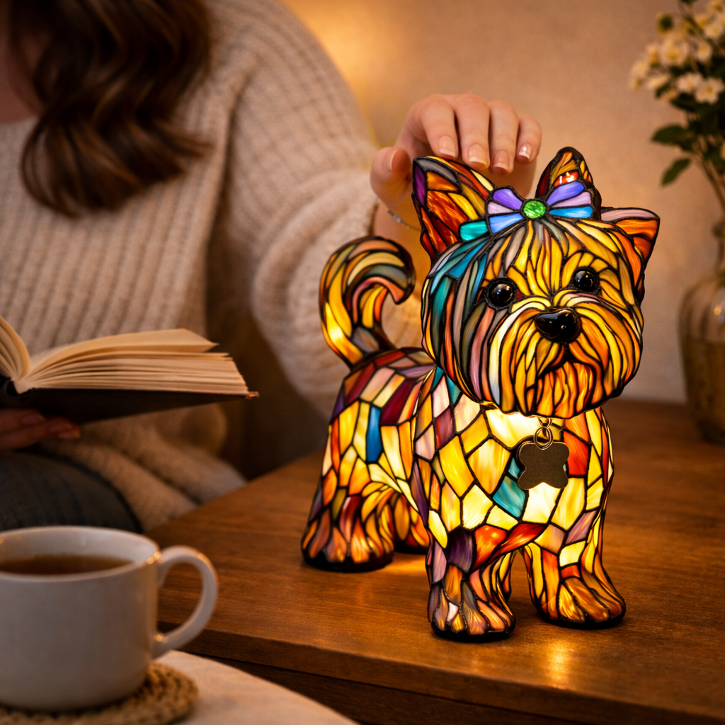 Stained Glass Table Lamp With Dog Design And LED Night Light For Bedroom | Temsk