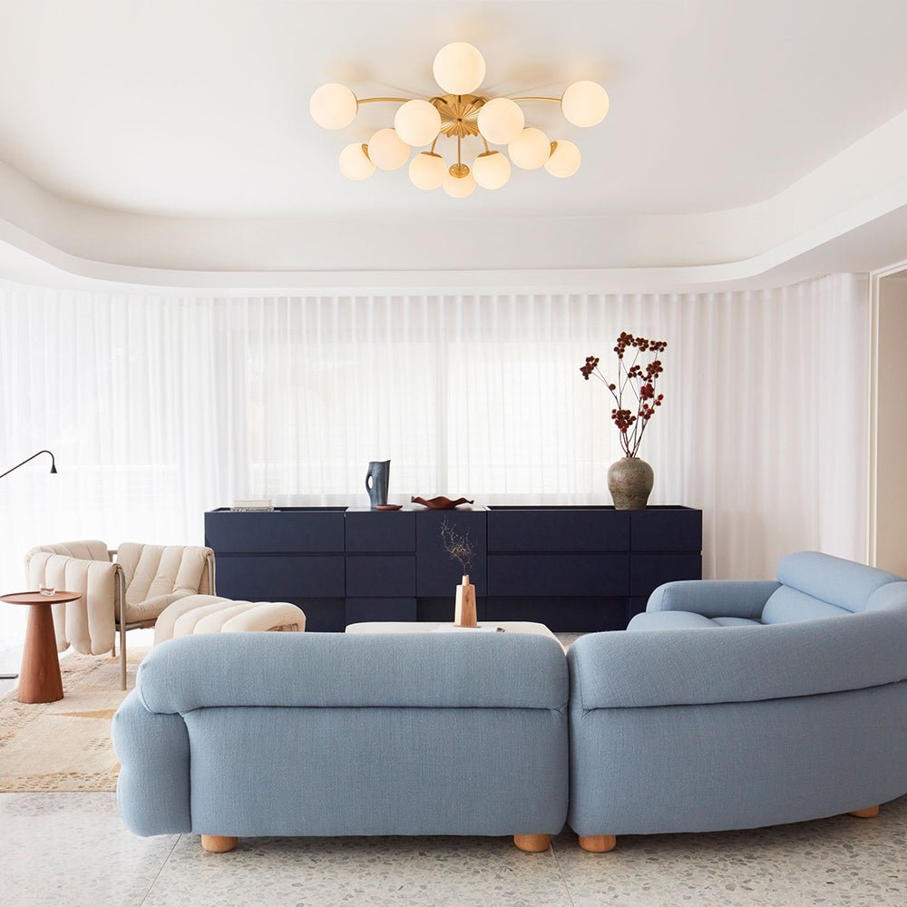 Sputnik Brass Ceiling Light For Living Room With Opal Glass Globes 12 Light Dimmable | Temsk