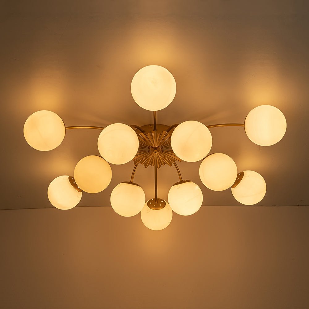 Sputnik Brass Ceiling Light For Living Room With Opal Glass Globes 12 Light Dimmable | Temsk
