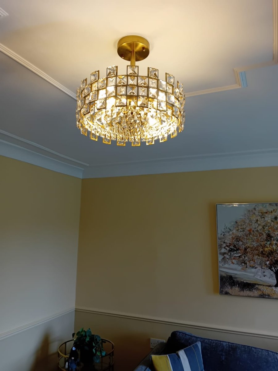 Krystalové bubnové stropní svítidlo, 4 světla, chrom-mosazné provedení, stmívatelné pro obývací pokoj | Temsk