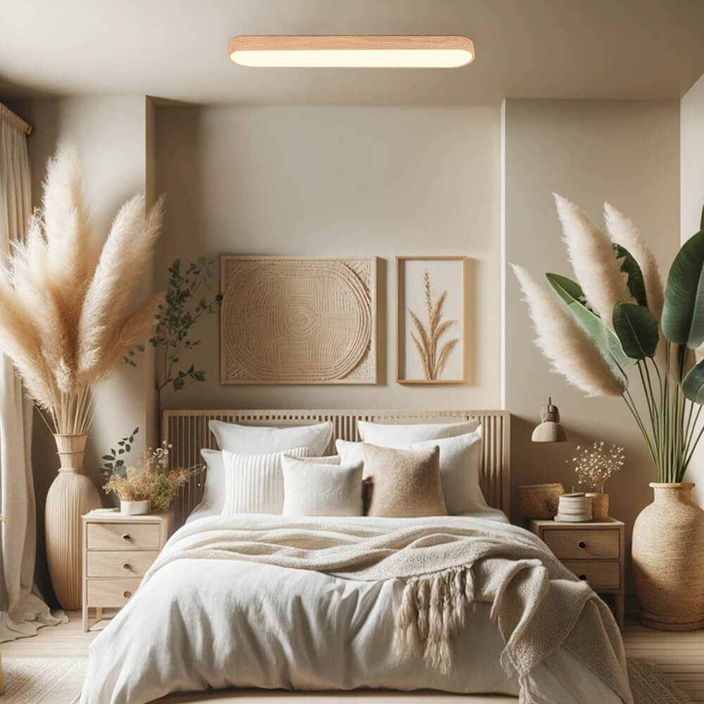Lampada da soffitto ovale con finitura effetto venatura del legno, struttura in metallo, 65-90 cm, luce calda o fredda | Temsk