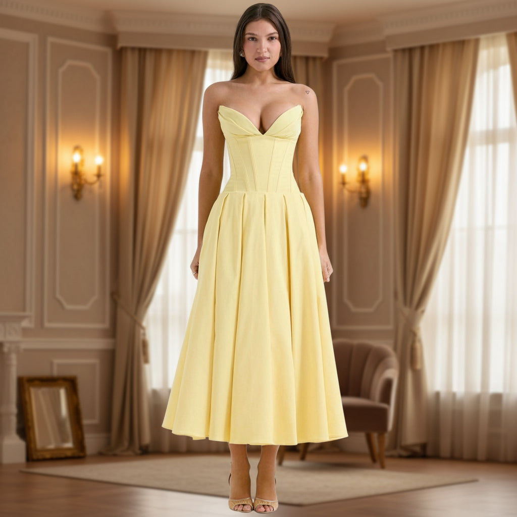 Casual Flowy Midi Dress With Plunging Neck For Summer | Temsk