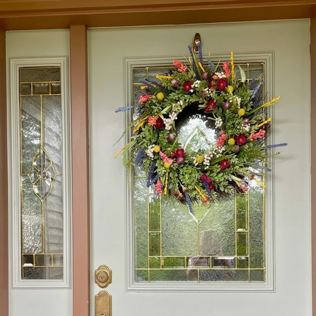 16 Inch Seasonal Front Entrance Wreath With Spring Florals | Temsk