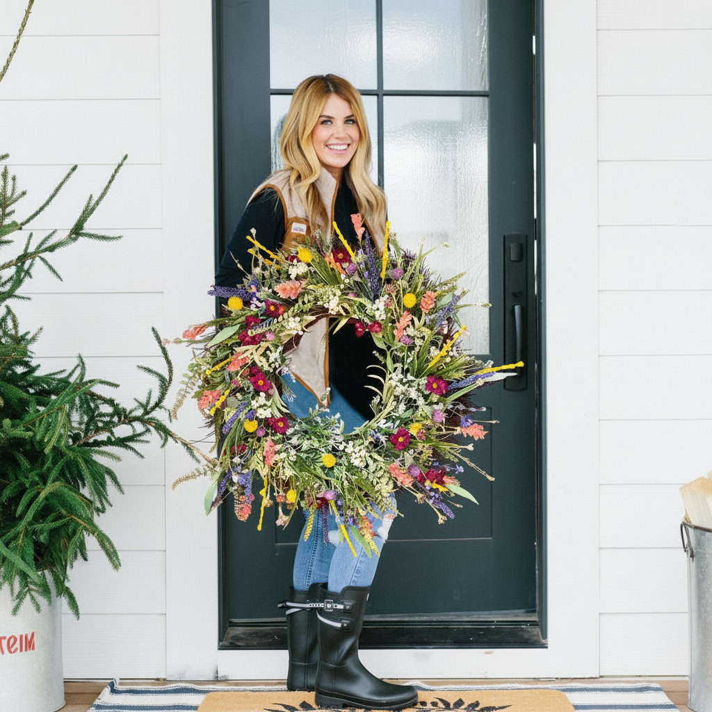 16 Inch Seasonal Front Entrance Wreath With Spring Florals | Temsk